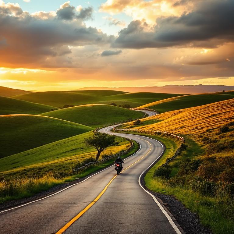 Winding Hill Country road through green hills at sunset