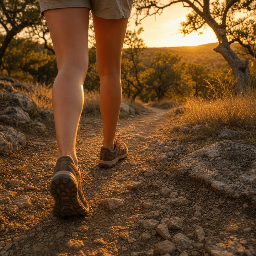 Hiker's boots on a rocky Hill Country trail at golden hour