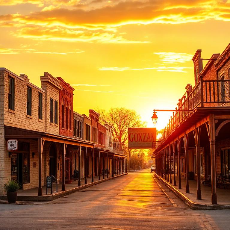 Historic small-town Texas main street at golden hour