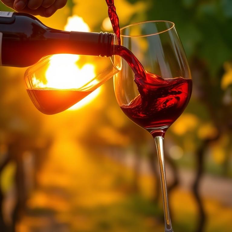 Red wine poured into a glass at a vineyard sunset